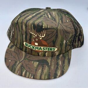VTG Buckmasters Logo Camo Mesh Trucker Hat Adjustable Snap Back Flat Bill USA